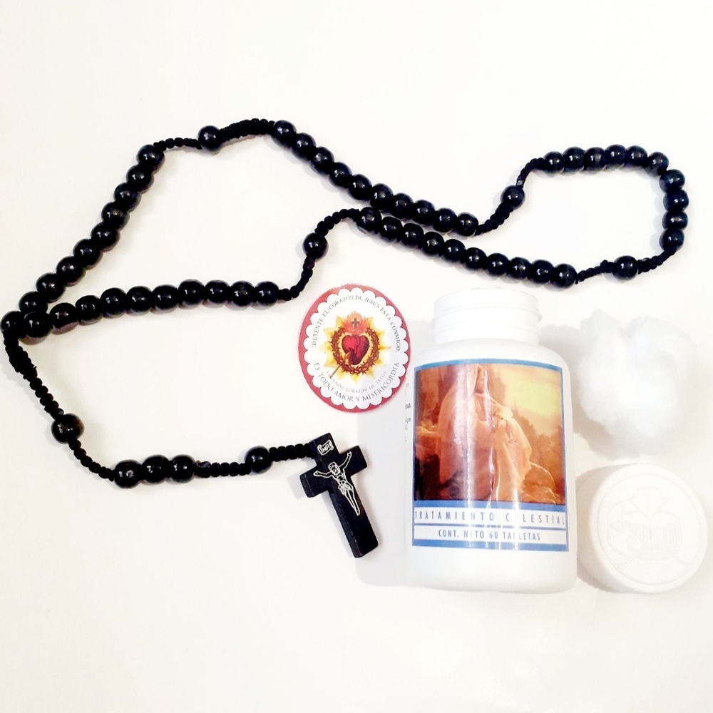 Black Wood Rosary with Spanish Prayer in "Medicine" Bottle